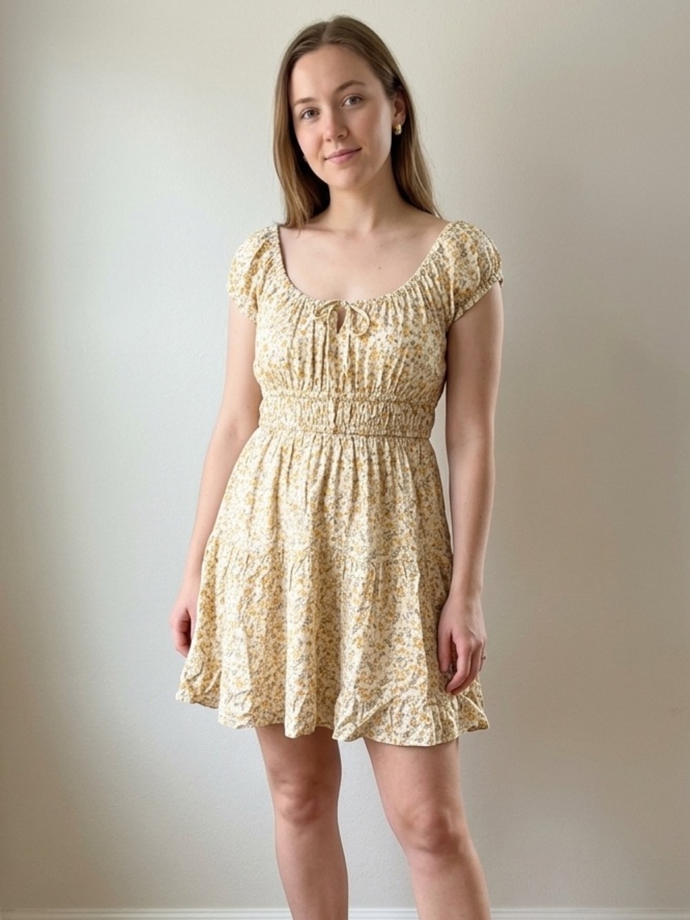 Wallflower Yellow Ditsy Floral Puff Sleeve Tie Front Mini Dress Size L NWT